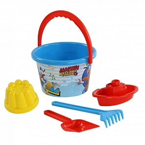 Набор Disney - Микки и Веселые гонки №7: ведро среднее с наклейкой, лопатка, грабельки, 1 формочка, кораблик Юнга (Полесье, 66978) (ассортимент)