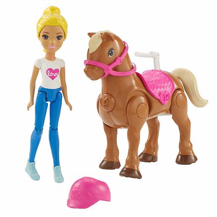 Игровой набор Barbie – В движении, мини-кукла и пони с розовым седлом 
