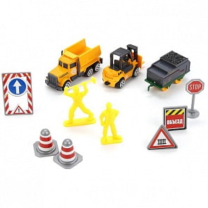 Набор металлических машинок – Стройтехника, 7,5 см с дорожными знаками (Технопарк, 80913-1Rsim)