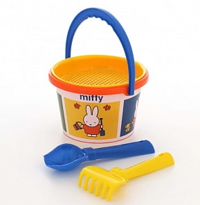 Набор №1 - Миффи-5: ведро среднее с наклейкой, ситечко, совок №2, грабельки №2 (Полесье, 64790)