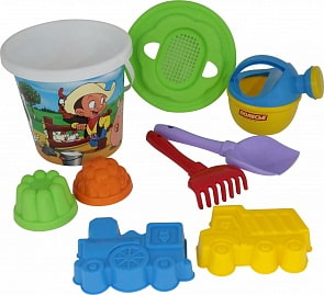 Набор №170: ведро с наклейкой, ситечко Солнышко, лопатка №5, грабельки №5, формочки самосвал + паровоз, 2 формочки, лейка малая №4 (Полесье, 5136) (ассортимент)