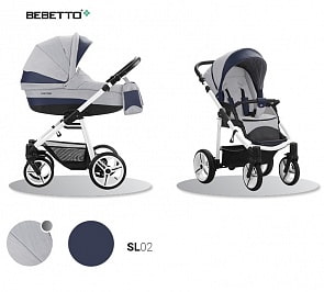 Детская коляска Bebetto Vulcano New Ecco 2 в 1, серая с синим, шасси белая/BIA (Bebetto, WB159_SL02)