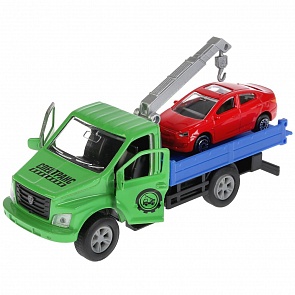 Машины металлические: Газ Газон Next эвакуатор 14,5 см инерционный и Hyundai Solaris 7,5 см (Технопарк, SB-18-23-G+HS(R)-WB)