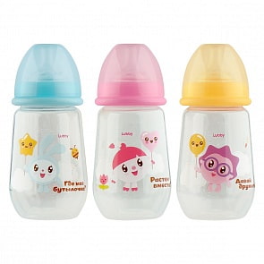 Бутылочка для кормления – Малышарики, от 0 месяцев 250 мл, полипропилен (PP), силикон (Lubby, 20898/144/12) (ассортимент)