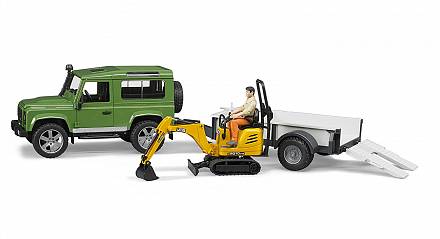 Джип с прицепом Bruder Land Rover Defender, мини экскаватор 8010 JCB, фигурка рабочего 