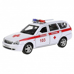 Машина Скорая помощь LADA Priora 12 см белая двери и багажник открываются металлическая (Технопарк, PRIORAWAG-12AMB-WH)