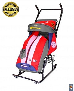 Санки-коляска Герда 42-Р5 с 4 колесиками и корзинкой «Тачки» Эксклюзив. Серо-красный (RT, 3933RT)