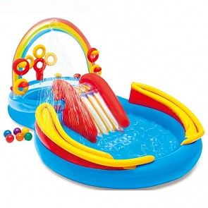 Надувной игровой центр - Радуга с горкой и разбрызгивателем, 297 х 193 х 135 см (Intex, с57453)