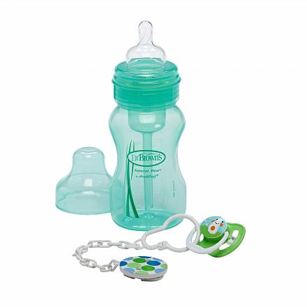 Набор подарочный зеленый - бутылочка с широким горлышком и пустышка 