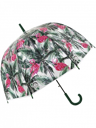 Зонт-трость Тропический Фламинго прозрачный купол зеленый 