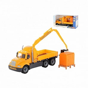 Автомобиль-кран Майк с манипулятором и конструктор Супер-Микс, 30 элементов на поддоне в коробке (Полесье, 55590)