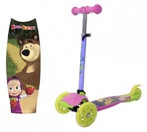 Самокат из серии Маша и Медведь управляется наклоном, PU колеса, передние со светом 120 и 90 мм, алюминиевый руль и дека из нейлона (1toy, Т11426)