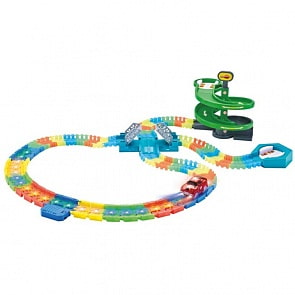 Гибкий трек LED со светодиодными лампами, 127 деталей, люминесцентный, парковка, разворот, разводной мост, 1 машинка с 5 лампами (1toy, Т16189)